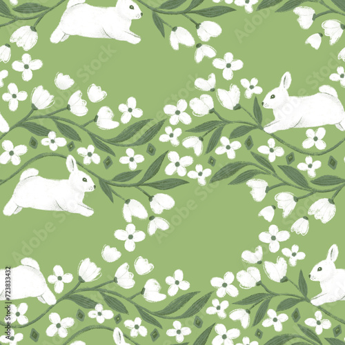 Seamless pattern with cute bunnies jumping on the blooming meadow
