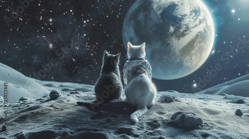 An white persian cat and a black cat wearing spacesuit on the surface of the moon, and the background can see the Earth in the distance. children's book illustration photo