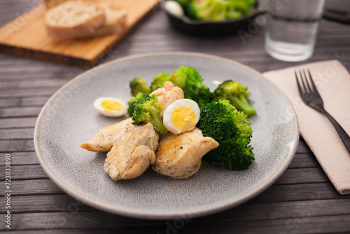 Pieces of fried chicken breast with boiled broccoli and quail eggs on plate for lunch