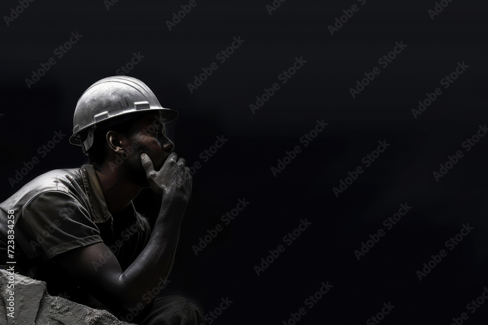 Photo of worker with safety helmet on dark background Photo of worker with safety helmet on dark background