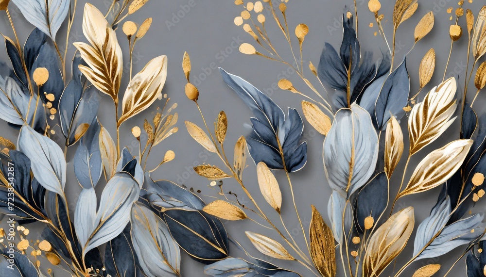 beautiful minimalistic plant nature wallpaper background of blue grey and gold dainty flowers and leaves  - obrazy, fototapety, plakaty 