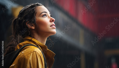 Photo of worker looking up in rainy weather