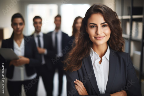 Photo of young office worker woman smiling at camera in front of people in suits