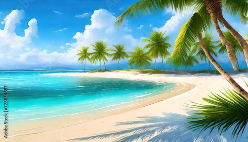 an illustration of a beautiful beach with white sand turquoise ocean green palm trees and a blue sky with clouds on a sunny day created with generative ai technology © Wendy