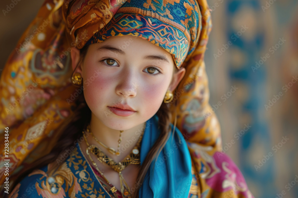 A Kazakh girl, dressed in vibrant traditional attire