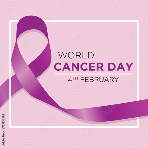 World Cancer Day square Poster with purple ribbon on pink background. Purple ribbon against cancer icon. Cancer awarenes day, Used for banners, posters, social networks. February 4th. Vector eps print