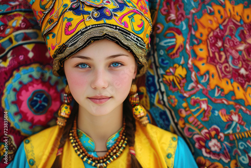 A Kazakh girl, dressed in vibrant traditional attire