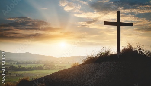 silhouette jesus christ crucifix on cross on calvary sunset background concept for good friday he is risen in easter day good friday worship in god christian praying in holy spirit religious