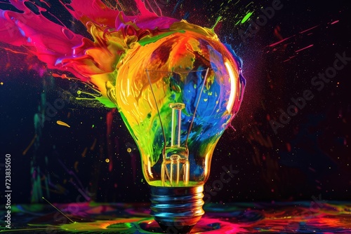 Creative light bulb explodes with colorful paint and colors. New idea, brainstorming concept AI generated © qntn