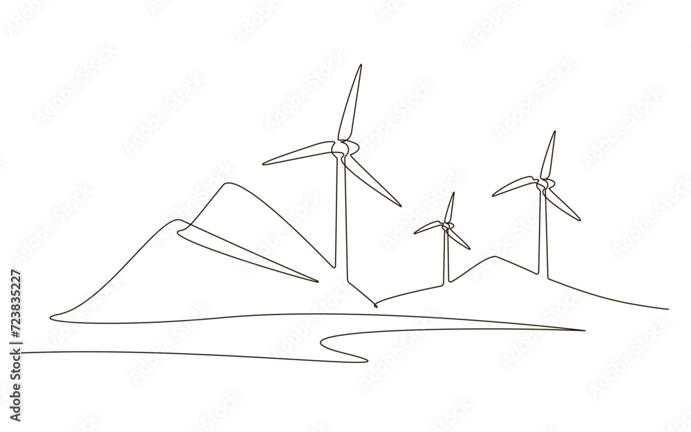 Hilly landscape with wind farm turbines energy continuous one line icon drawing. Renewable source green energy concept vector illustration. Contour one line sign for innovation, environment design Hilly landscape with wind farm turbines energy continuous one line icon drawing. Renewable source green energy concept vector illustration. Contour one line sign for innovation, environment design