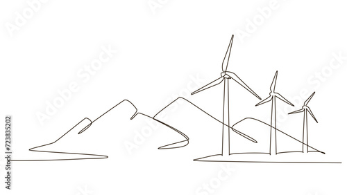 Hilly landscape with wind farm turbines energy continuous one line icon drawing. Renewable source green energy concept vector illustration. Contour one line sign for innovation, environment design