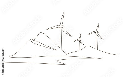 Hilly landscape with wind farm turbines energy continuous one line icon drawing. Renewable source green energy concept vector illustration. Contour one line sign for innovation, environment design