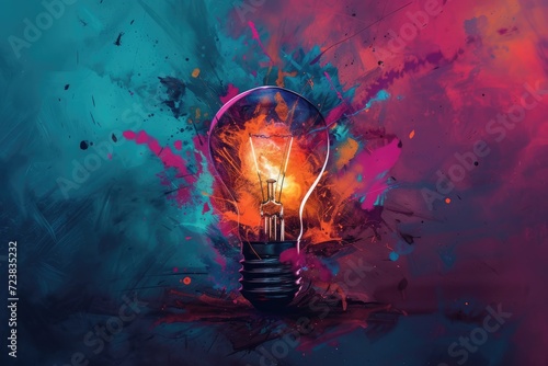 Creative light bulb explodes with colorful paint and colors. New idea, brainstorming concept AI generated