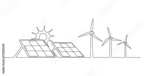 Wind farm turbine, solar panel with sun continuous one line icon drawing. Renewable source energy concept vector illustration in linear style. Contour line sign for innovation, environment design
