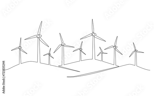 Hilly landscape with wind farm turbines energy continuous one line icon drawing. Renewable source green energy concept vector illustration. Contour one line sign for innovation, environment design