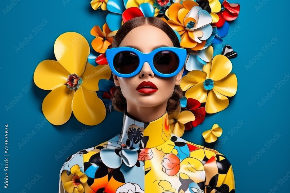 custom made wallpaper toronto digitalPortrait of a beautiful young woman in stylish sunglasses on blue background with decorative flowers. Beauty and fashion concept.