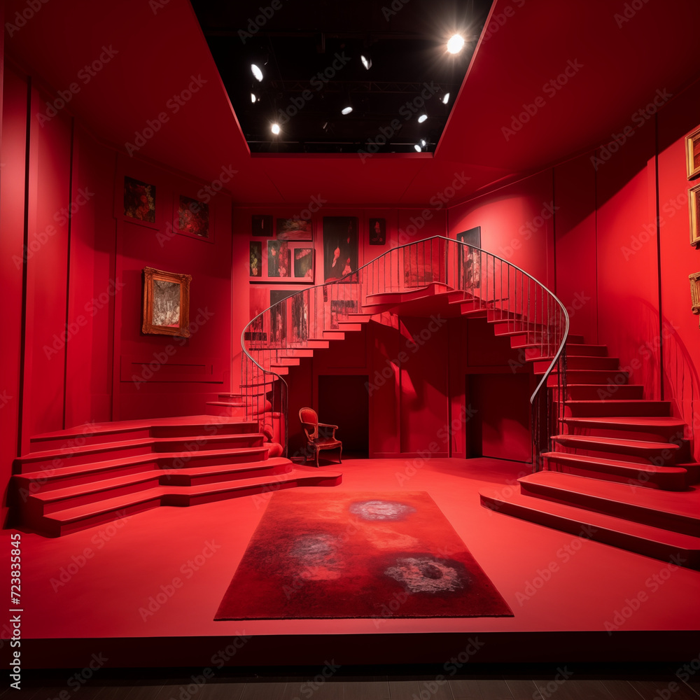 Fototapeta premium a red room with light with a stage and stairs in front of the vue in circle red decoration, dark