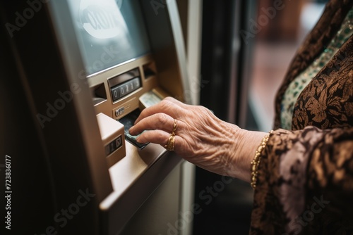 close-up of an old woman's hand withdrawing money at a cash machine bank