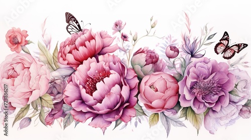 Watercolor flower rose peony paisley stripe landscape butterfly, ,generative ai
