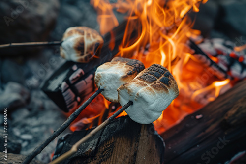 close-up shot of a campfire with marshmallows roasting, highlighting the delightful and traditional aspects of enjoying treats during a weekend camping experience
