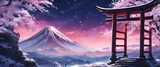 Colorful Anime Snowy Torii Gate Japanese Landscape with Sakura and Galactic Sky Background Ultrawide Wallpaper