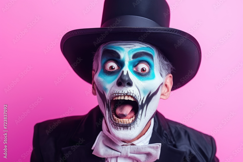 Portrait of shocked man in halloween makeup and costume, pink background Portrait of shocked man in halloween makeup and costume, pink background