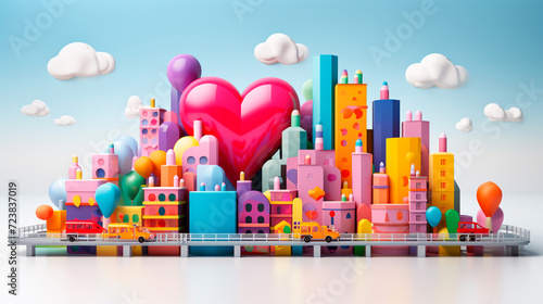 City of hearts, lots of buildings and cars, city of love, romantic. 3D rendering concept design illustration.