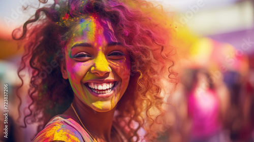 Colored girl laughs at Holi festival. Young woman smiling with dry organic color or Holi powder on her face and clothers. Concept Indian color Organic Gulal festival. Hindu tradition festive