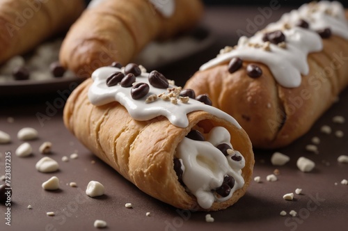 Decadent gourmet cannoli with chocolate chips and white cream filling