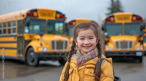 Excited elementary school girl with a big smile, eagerly waiting to board the school bus