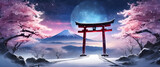 Colorful Anime Snowy Torii Gate Japanese Landscape with Sakura and Galactic Sky Background Ultrawide Wallpaper
