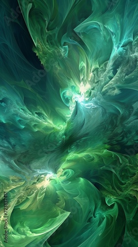 An abstract representation of green energy, with flowing forms and shades of green and blue symbolizing wind and water power