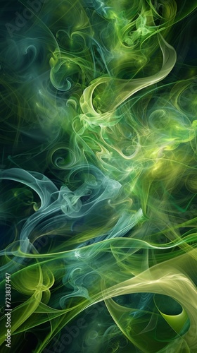 An abstract representation of green energy, with flowing forms and shades of green and blue symbolizing wind and water power
