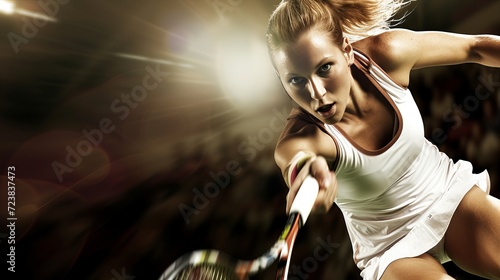 Intense female tennis player in action, focused gaze, dynamic movement on dark background
