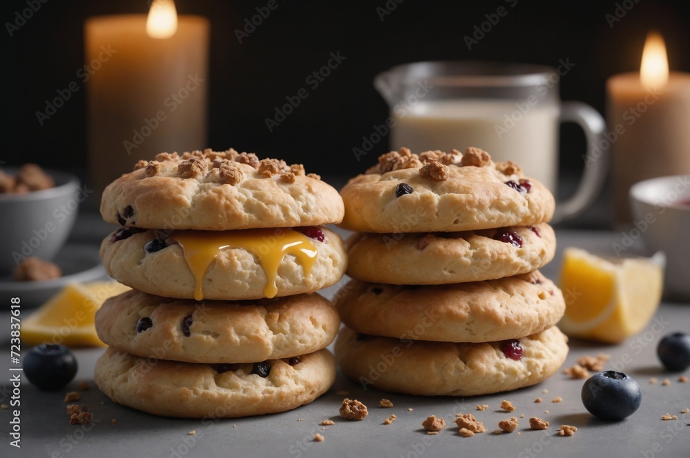 Cozy breakfast setting with lemon blueberry scones, milk, and candlelight Cozy breakfast setting with lemon blueberry scones, milk, and candlelight