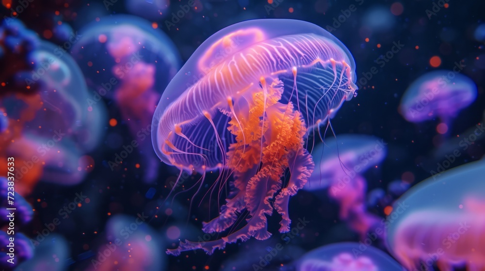 Jellyfish swim in blue water surrounded by plants Jellyfish swim in blue water surrounded by plants