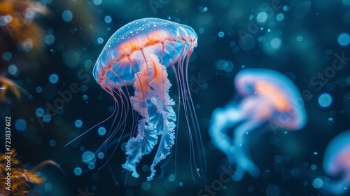 Jellyfish swim in blue water surrounded by plants © korisbo