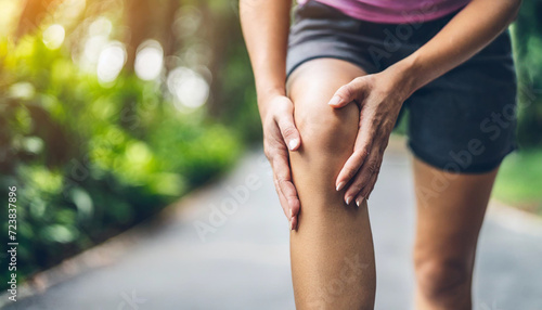 holding her knee with a focused expression, symbolizing discomfort, healthcare, and the need for relief