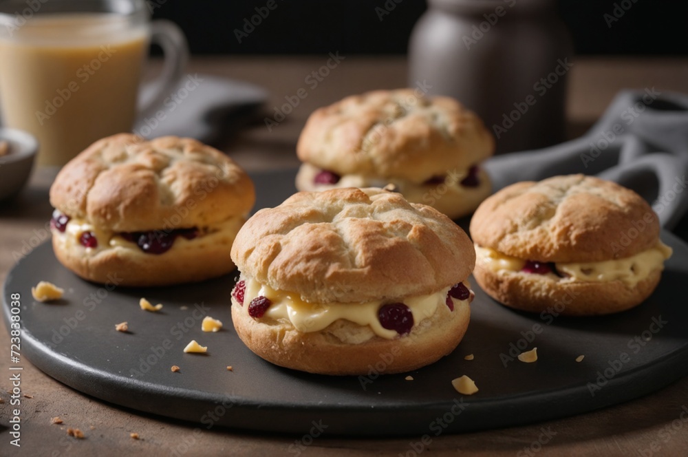 Gourmet cream scones with berry jam and clotted cream on a dark plate