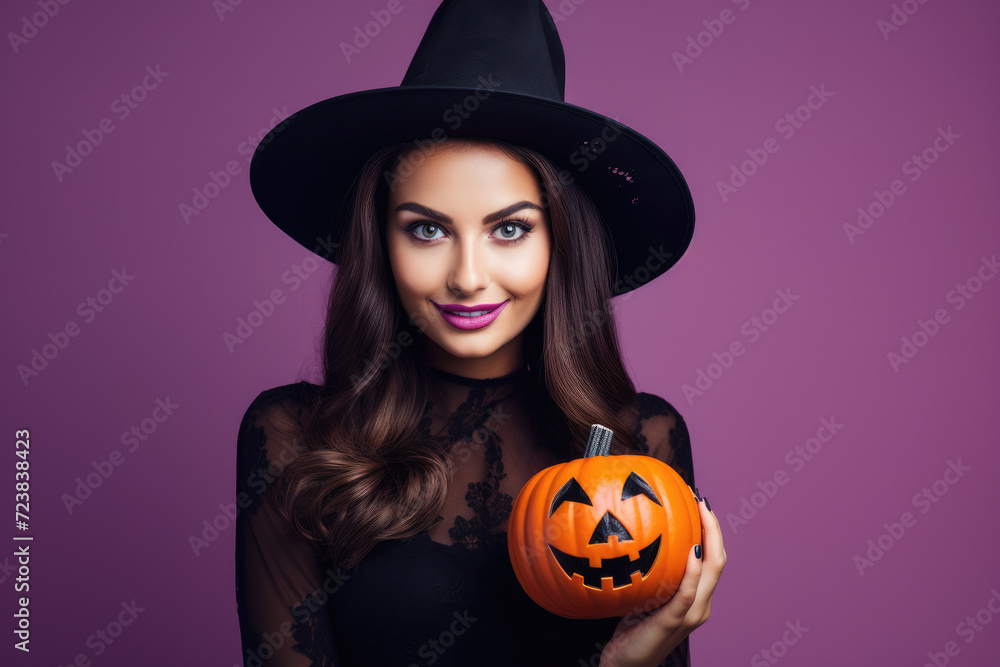 Pretty young girl in black dress and witch hat with halloween theme Pretty young girl in black dress and witch hat with halloween theme