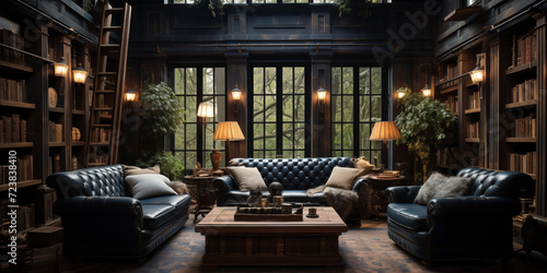Realistic eclectic Reading room in old library or house dark vibes with many lamps and back glass window, Realistic eclectic interior design photo