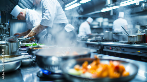 Busy Professional Kitchen in Action - Chefs Cooking and Preparing Meals with Passion in a High-End Restaurant Kitchen