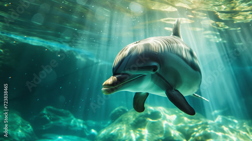 Closeup of a dolphin swimming underwater, sun is shining through the surface