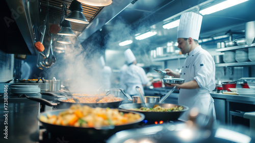 Busy Professional Kitchen in Action - Chefs Cooking and Preparing Meals with Passion in a High-End Restaurant Kitchen photo