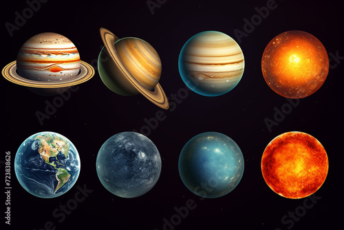 Planets in Solar System. Moon and the Sun, Mercury and Earth, Mars and Venus, Jupiter or Saturn and pluto. Astronomical Galaxy Space. vintage style for label