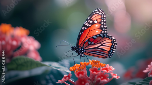 Macro of a red butterfly sitting on an orange flower © Flowal93