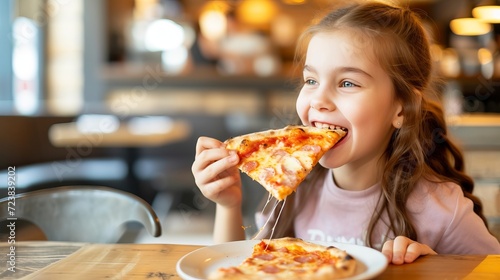 Cheerful preteen enjoying pizza in restaurant with blurred defocused background and copy space