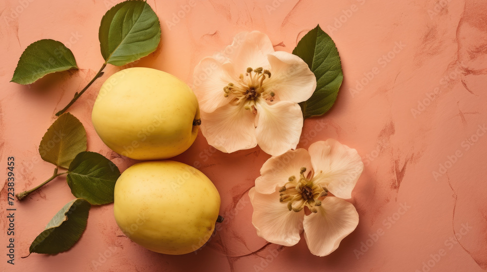 Quince on colored surface