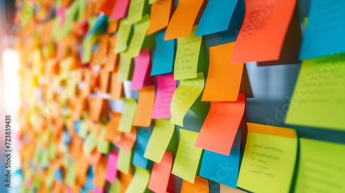 Colorful Post-it Notes on Wall - Brainstorming, Project Planning, and Creative Collaboration Concept in a Busy Workspace