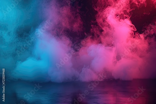 The dark stage shows, empty dark blue, purple, pink background, neon light, spotlights, The asphalt floor and studio room with smoke float up the interior texture for display products Ai generated 